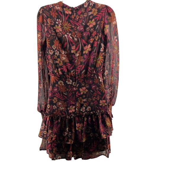 Aqua Metallic Floral Print Mini Dress Long Sleeve Ruffled Womens Size Small - Picture 5 of 6